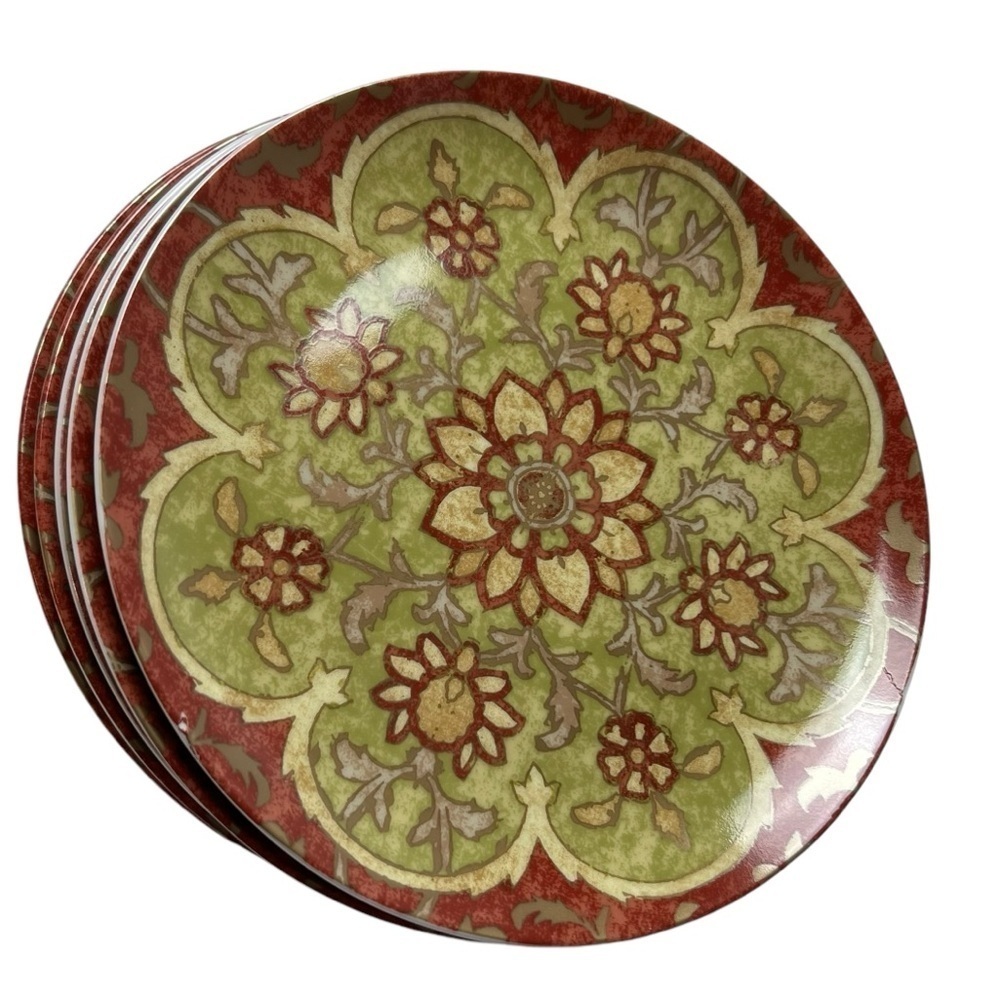 Pottery Barn Red & Sage Green Floral Plates  7” Dessert Salad Tuscan Set of 4